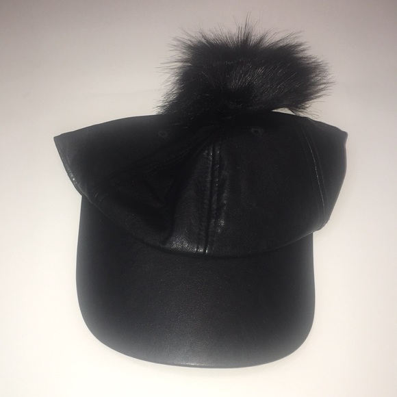 SOLD: Faux Fur/Faux Leather Pom Pom Baseball Cap (Hat) - Picture 5 of 7